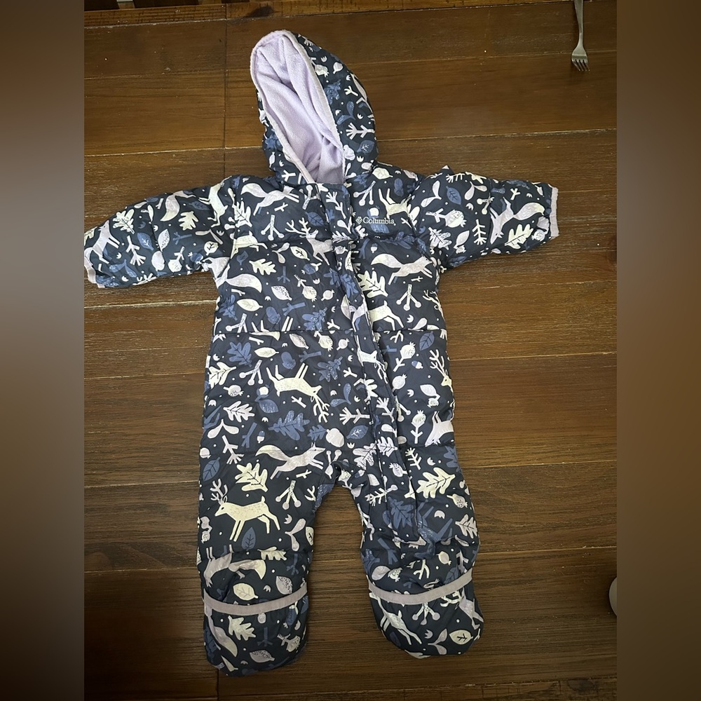 Baby One-Piece Hooded Snowsuit in Navy Woodland Print